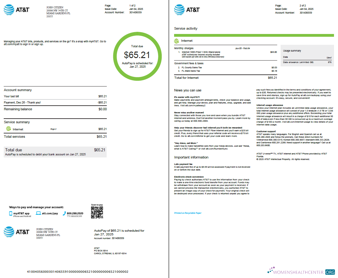 download USA AT&T utility bill template in Word and PDF formats, 2 pages, version 2 PDF template